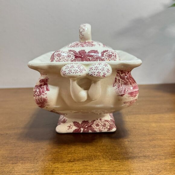 Vintage Gravy Boat Tureen Pink and White Transfer Ware Mushrooms Antique - Picture 4 of 13